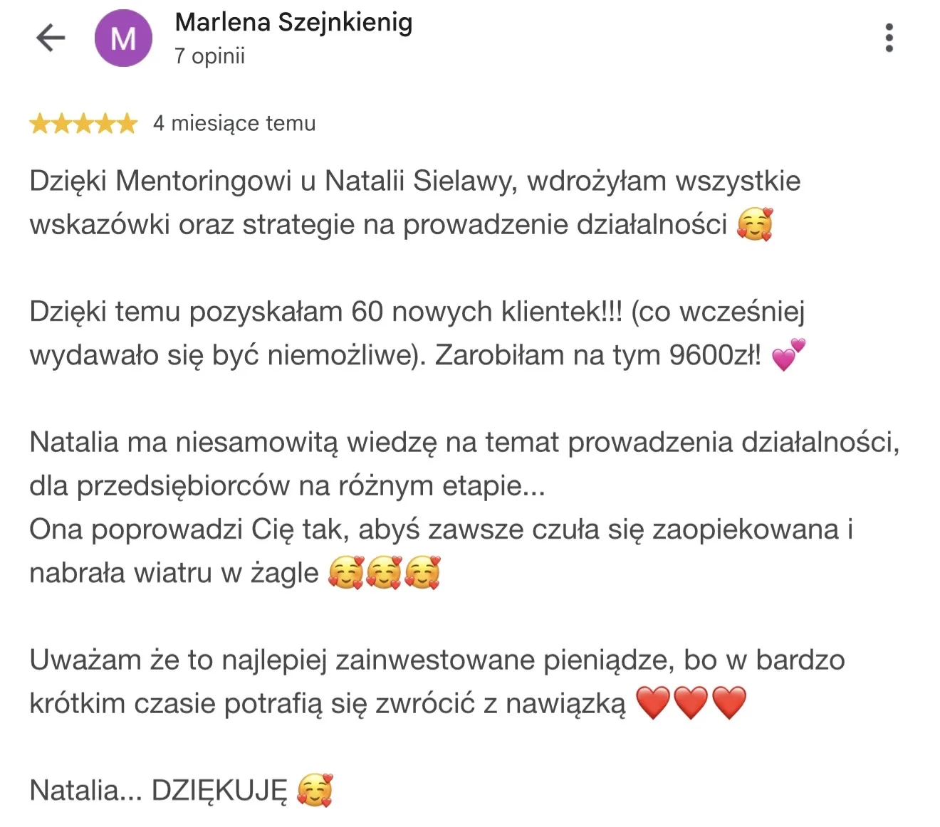 Opinia Marleny Szejnkienig o mentoringu Natalii Sielawy