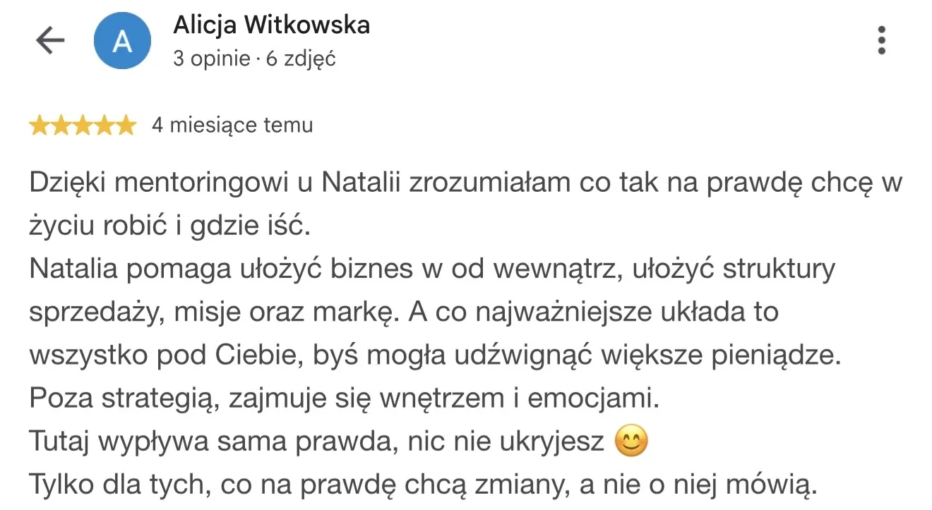 Opinia Alicji Witkowskiej o mentoringu Natalii Sielawy