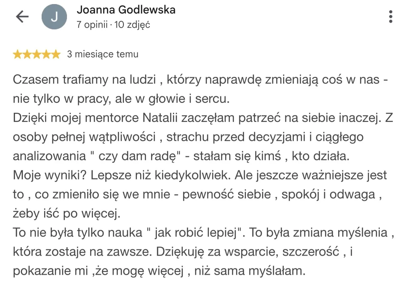 Opinia Joanny Godlewskiej o mentoringu Natalii Sielawy